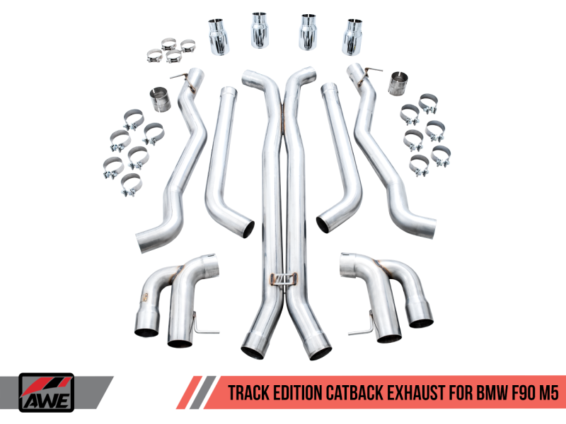 AWE Tuning 18-19 BMW M5 (F90) 4.4T AWD Cat-back Exhaust - Track Edition (Chrome Silver Tips) 3020-42070