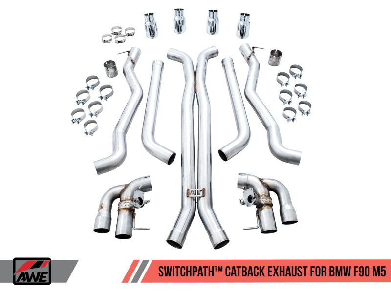 AWE Tuning 18-19 BMW M5 (F90) 4.4T AWD SwitchPath Cat-back Exhaust - Chrome Silver Tips 3025-42062