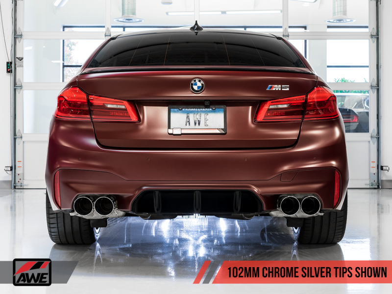 AWE Tuning 18-19 BMW M5 (F90) 4.4T AWD Axle-back Exhaust - Track Edition (Chrome Silver Tips) 3020-42069