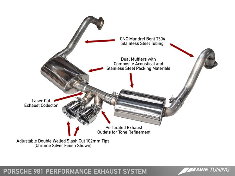 AWE Tuning Porsche 981 Performance Exhaust System - w/Chrome Silver Tips 3010-32020
